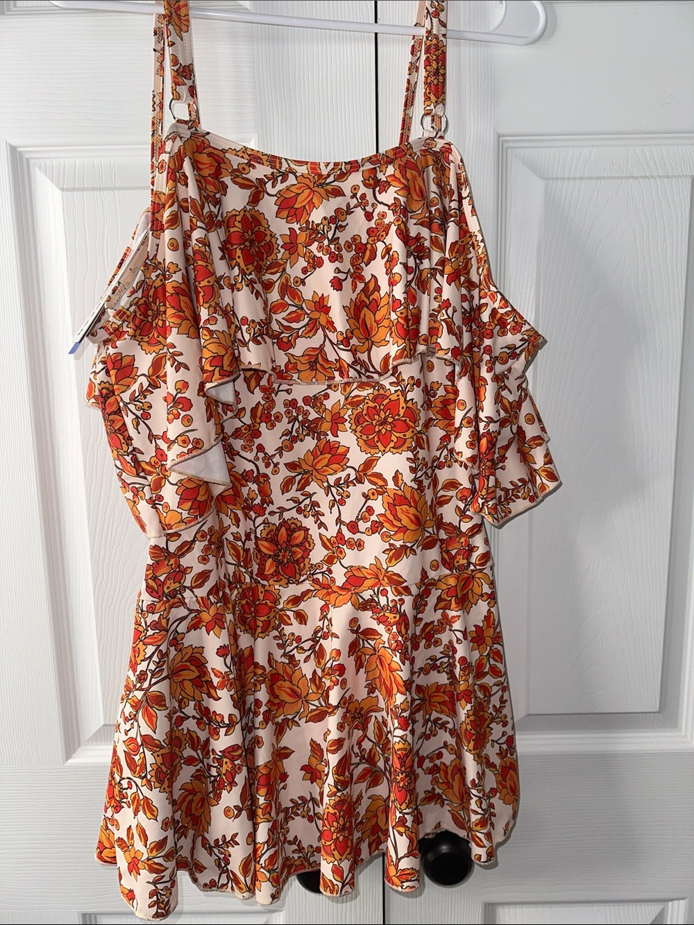 Women’s Floral Ruffle One-Piece Swimsuit in Cream and Orange - Picture 4 of 8